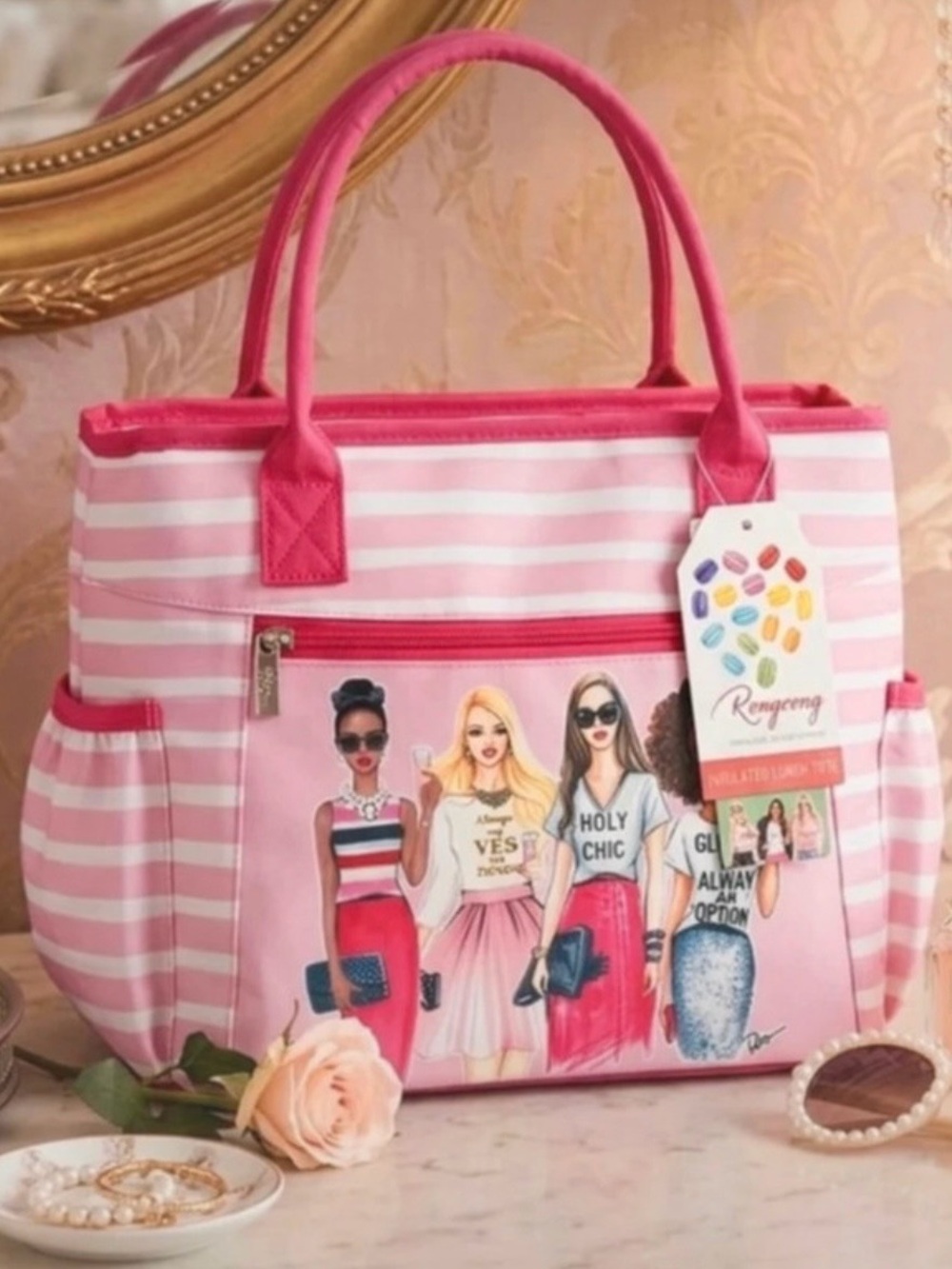 Pink Striped Graphic Tote Bag with Hot Pink Handles